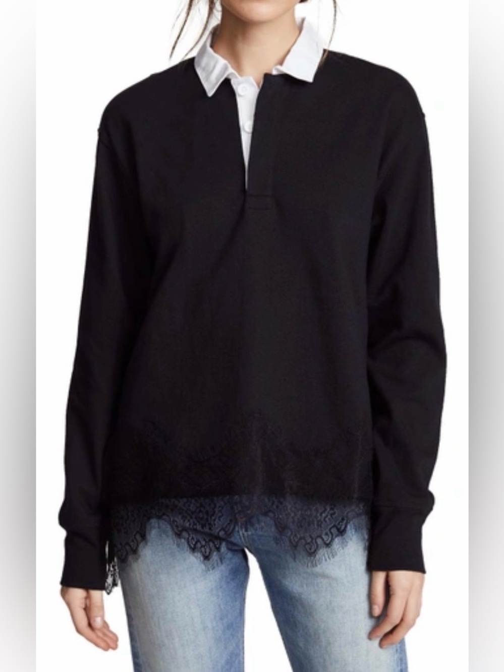 Rag & Bone Lace Trim Rugby Long Sleeve Shirt Black Size Small